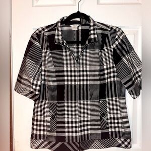 Christopher & Banks Monochrome Collared Plaid Zip Up ShortSleeve Blouse Medium
